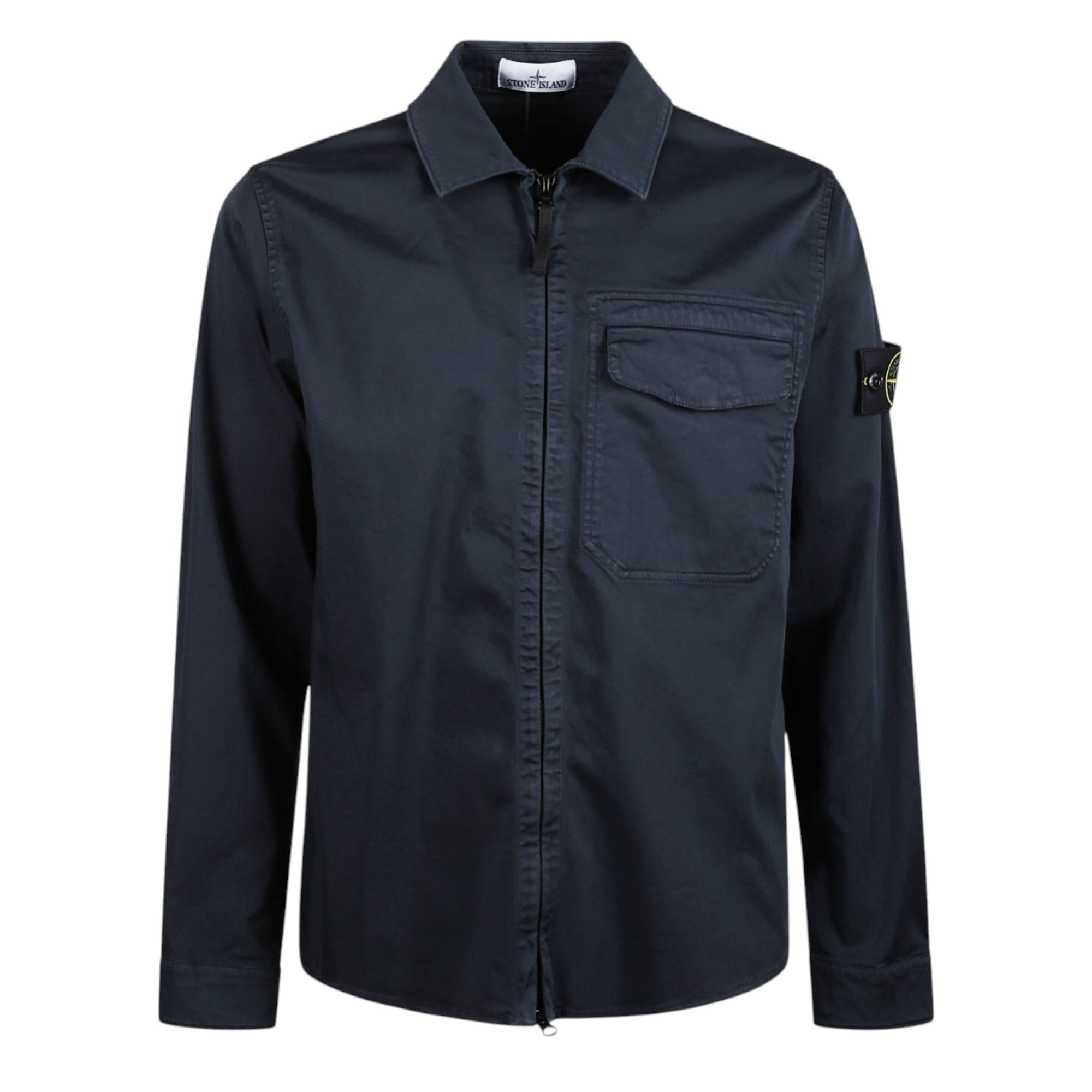 Stone Island Organic Cotton Satin Zip Up Navy Overshirt